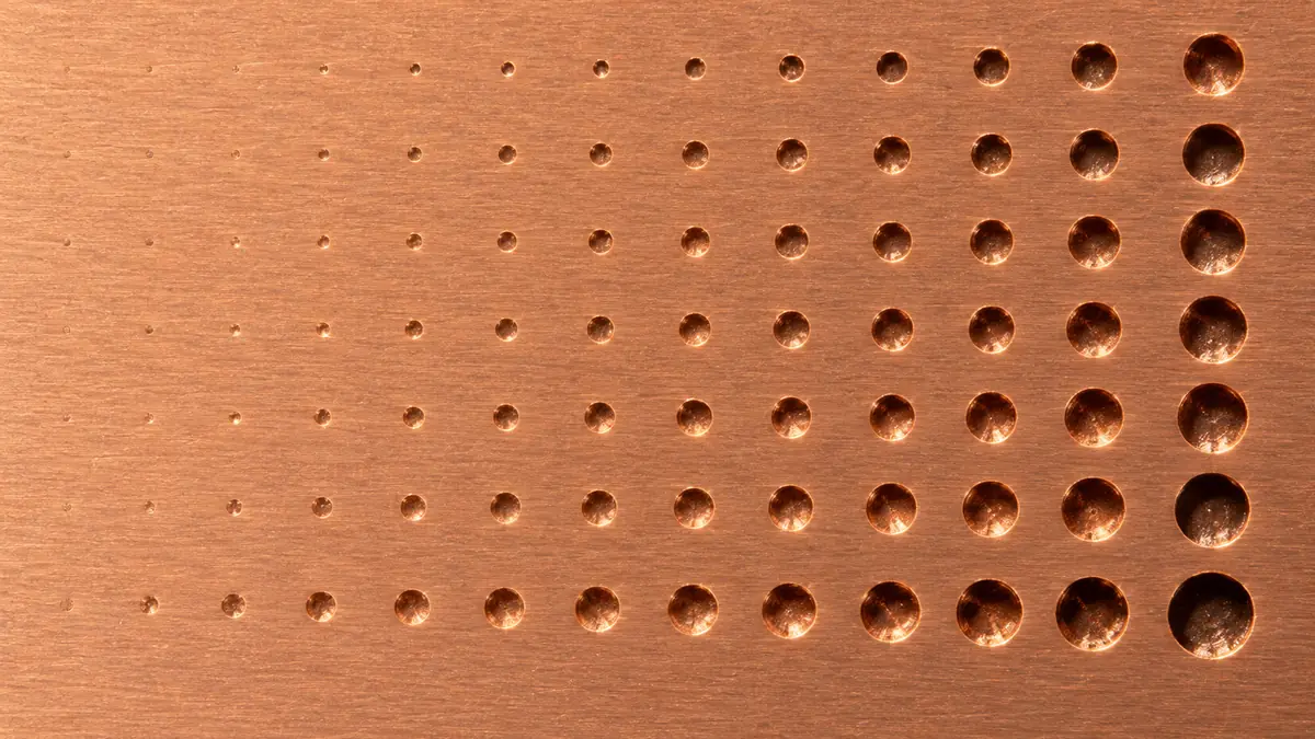 Copper foil ablation test matrix with progressively increasing microfeature diameter