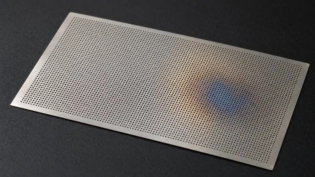 Ultra-thin microhole foil showing localized heat tint caused by accumulated laser heat