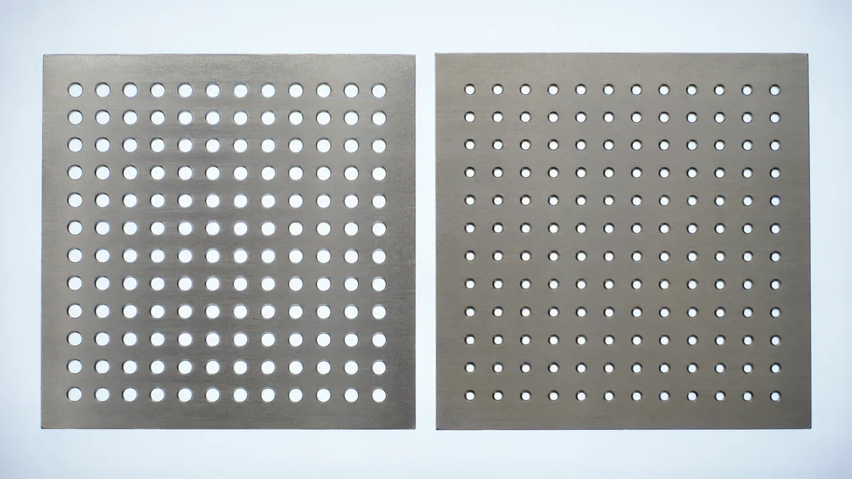 Entrance and exit faces of aperture coupons showing a subtle diameter difference from taper