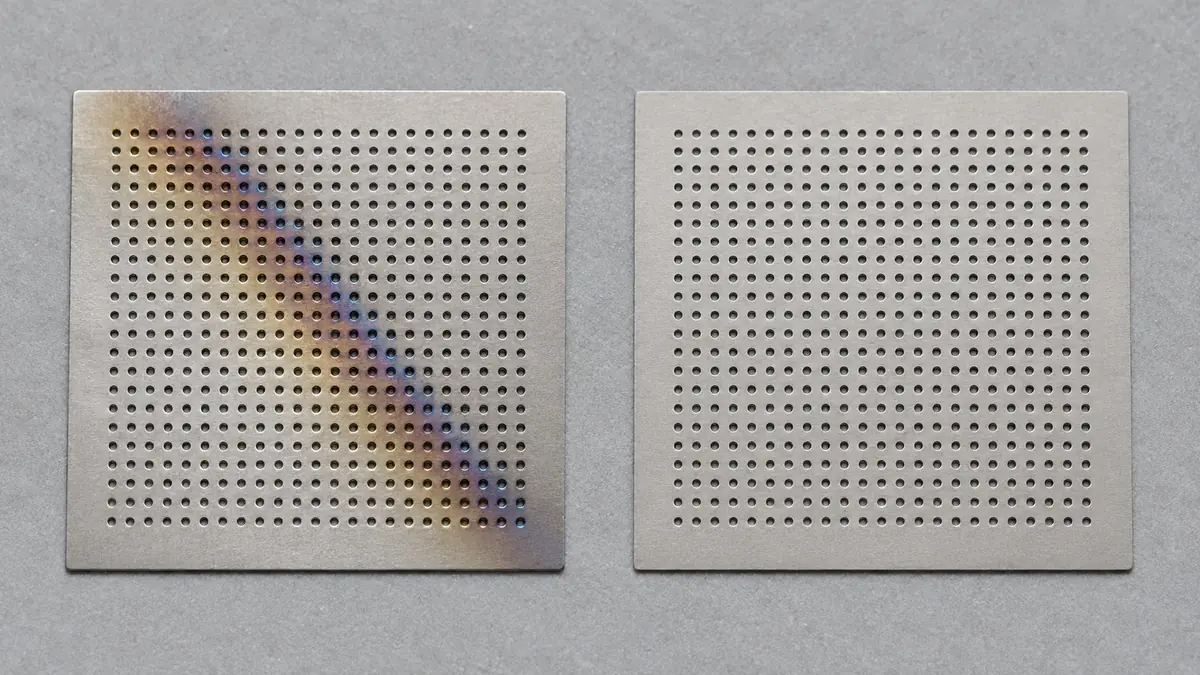 Identical microhole coupons comparing concentrated scan-path heat tint with an evenly cooled result